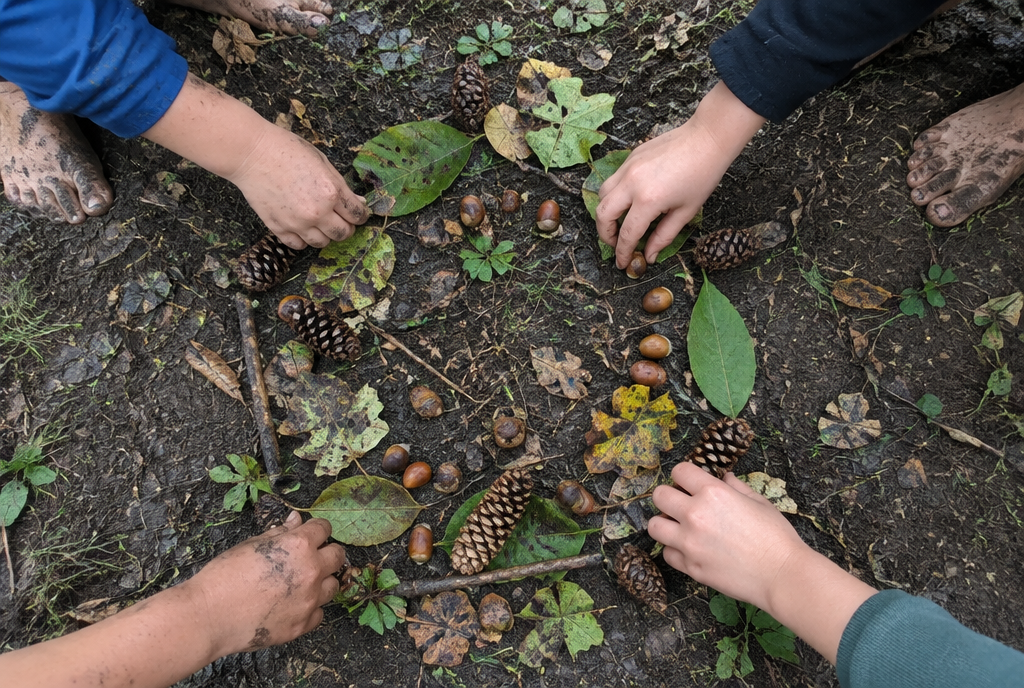 Bambini raccolgono ghiande e pigne durante un'attività di educazione ambientale